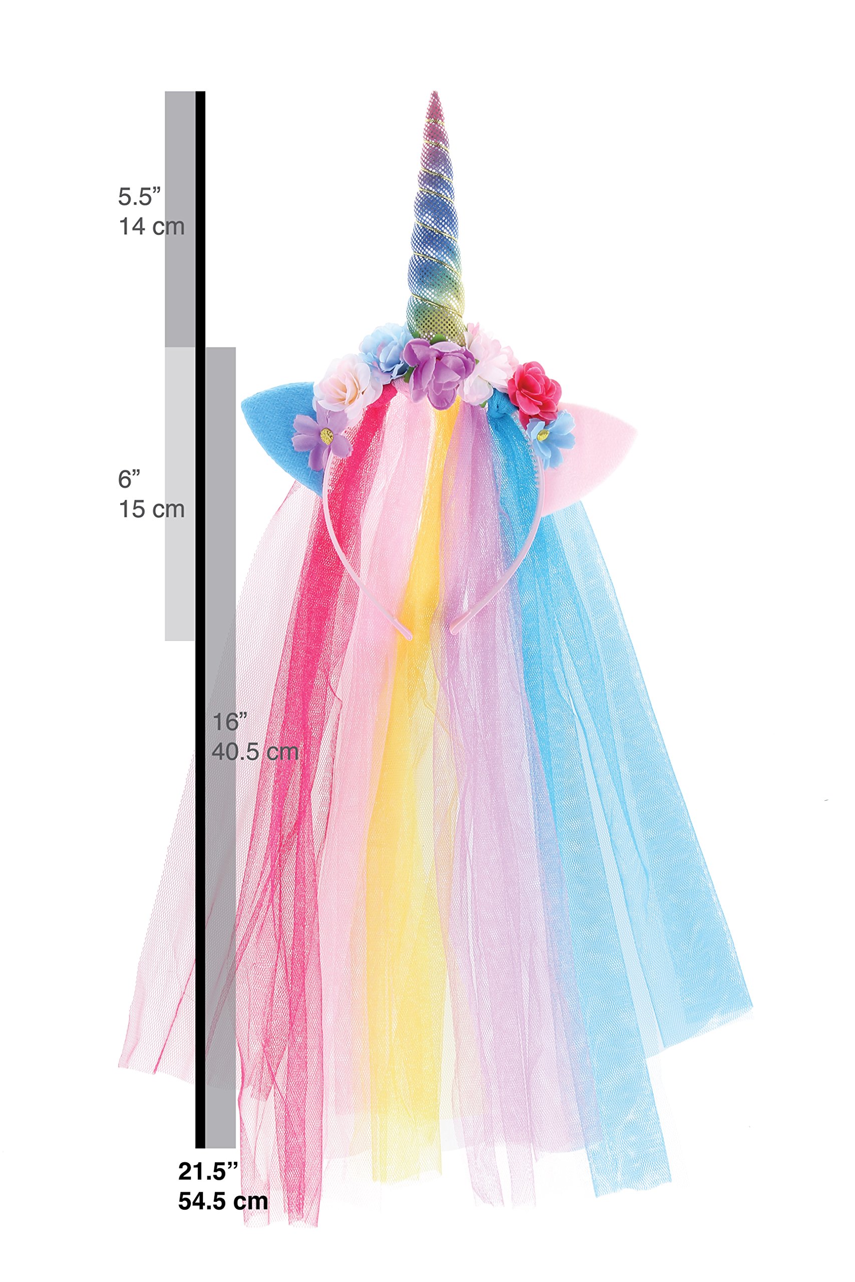 Rainbow Unicorn Headband With Tulle Mane Featuring A Rainbow Horn, Pastel Cat Ears, and Flowers