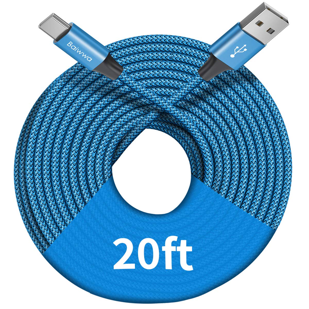 [ 20ft/6m ] Extra Long USB C Cable, Baiwwa Premium Nylon Braided USB A to Type C Cable Charger Cord Compatible with Samsung Galaxy Note Tab, Moto, LG, Sony, Google and More USB C Smartphone & Tablet