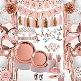 UJoyant 296 Pcs Birthday Decorations For Women, Rose Gold Party Decorations Kit For Girls Or Women - Butterfly, Hanging Swirl, Balloon Stand, Sash, Tiara, Banner, Balloon, Tableware For 50 Guest