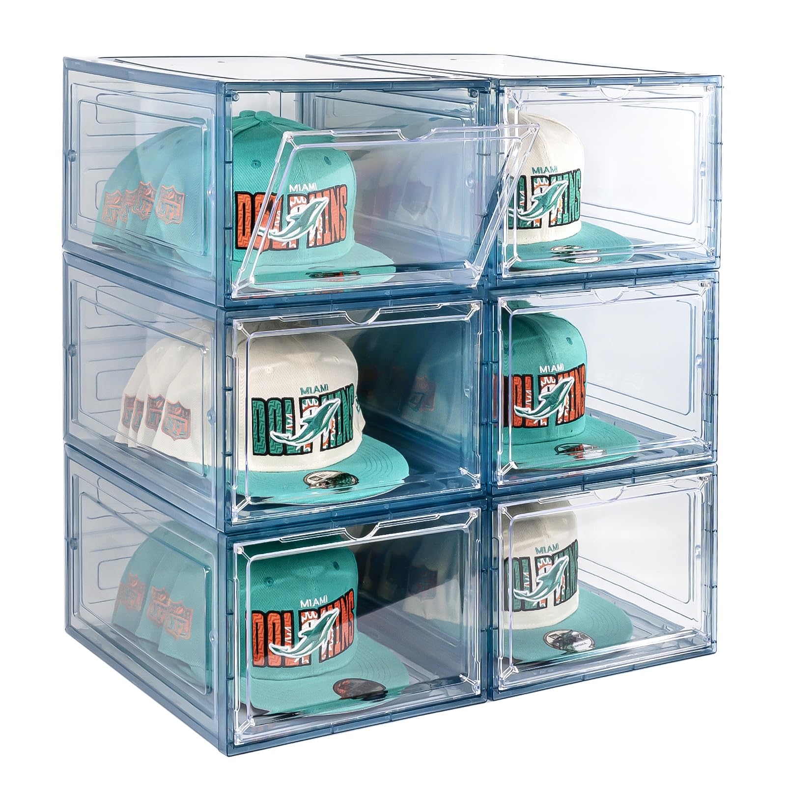 Photo 1 of SCAVATA 6 Pack Hat Organizer Box, Stackable Clear Baseball Caps Holder Box Containers with Magnetic Door for Hats Snapback Cap Storag, Hat Rack Display Case, Holds 8 Hats Each (Blue)