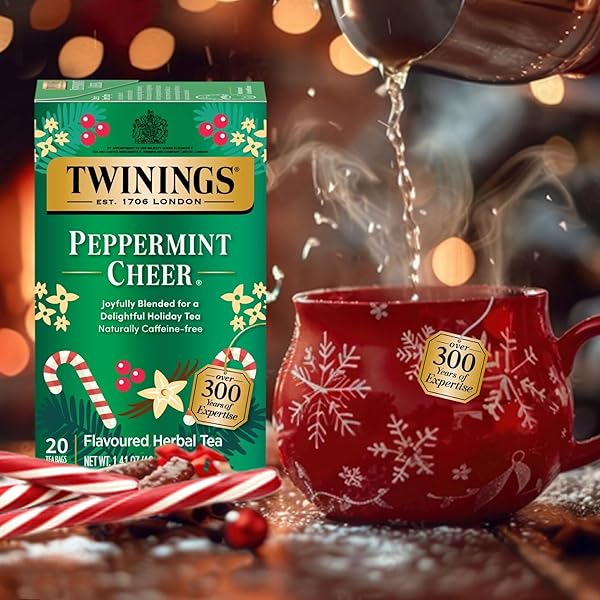 TWININGS PEPPERMINT CHEER HERBAL TEA INDIVIDUALLY WRAPPED BAGS, 20 COUNT (PACK OF 1), PEPPERMINT & VANILLA, NATURALLY CAFFEINE-FREE, ENJOY HOT OR ICED, 20 TEABAGS