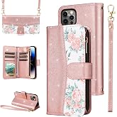 Furiet for iPhone 11 Pro Max 6.5 Floral Zipper Wallet Case Women Rose Gold | Wrist/Shoulder Strap, Luxury Glitter PU Leather Purse, Flip Card Holder Stand Phone Cover for iPhone11 11pro Promax i XI Plus