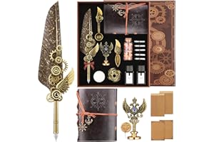 GRNVIBE Quill Pen and Ink Set,Calligraphy Pen Set for beginners,Feather Pen Set with Leather Notebook,Pen Holder,5 Replaceable Nibs,Bookmark,Letter Writing Kit & Wax Seal Stamp Kit-Calligraphy Pens Gift Set