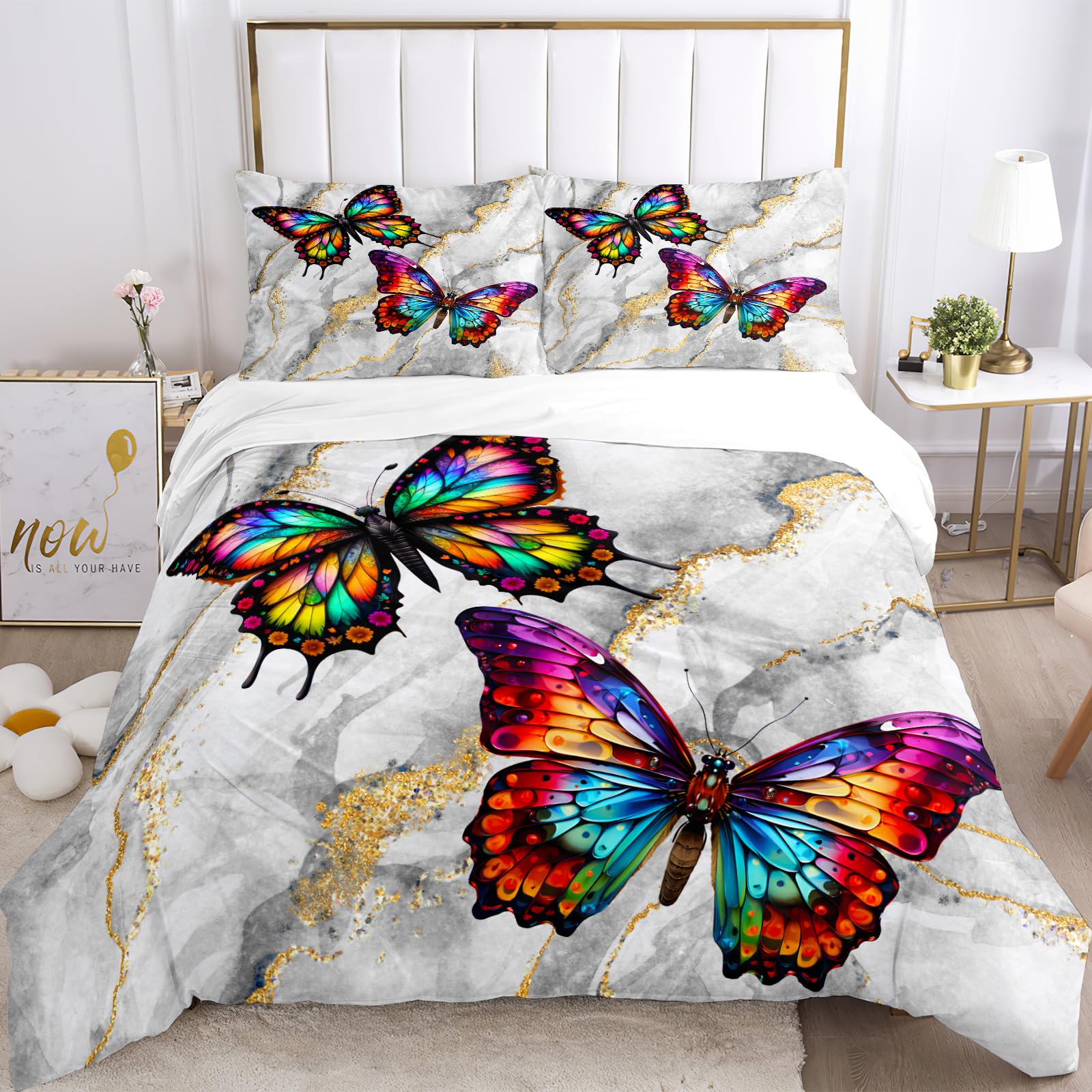 VTRXEG Butterfly Bedding Sets, Purple Butterfly Pattern Double Duvet Cover Set with Zipper + 2 Pillowcases (B, 135x200cm)