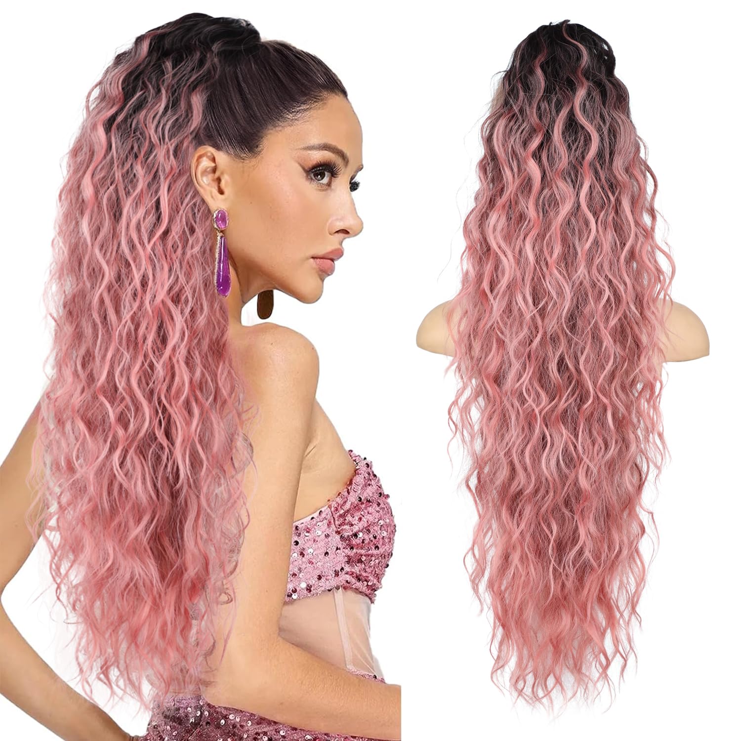 Photo 1 of Isaic 30 Inch Ombre Pink Claw Clip Ponytail Extension for Women Long Wavy Pony Tails Hair Extensions Fluffy Natural Looking Synthetic Hairpiece for Daily Use