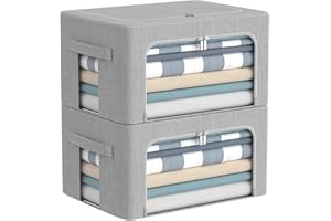 CYHOM Clothes Storage Bins Box - Foldable Stackable Container Organizer Set with Clear Window & Carry Handles & Metal Frame - 2Pack Large Capacity for Bedding, Blankets, Books