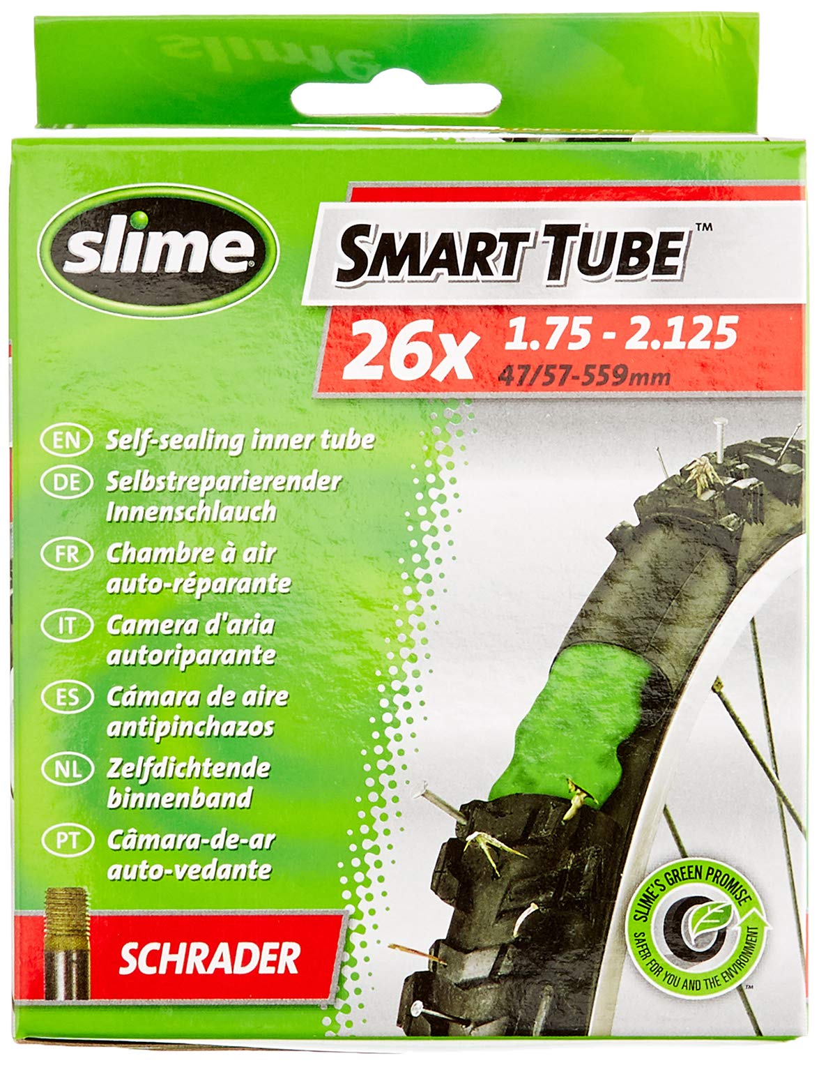 2 x Slime Bike Inner Tubes 26 x 1.75-2.125 Mountain Bikes Schrader Valves - Slime Filled To Instantly Seal And Repair Punctures, Green