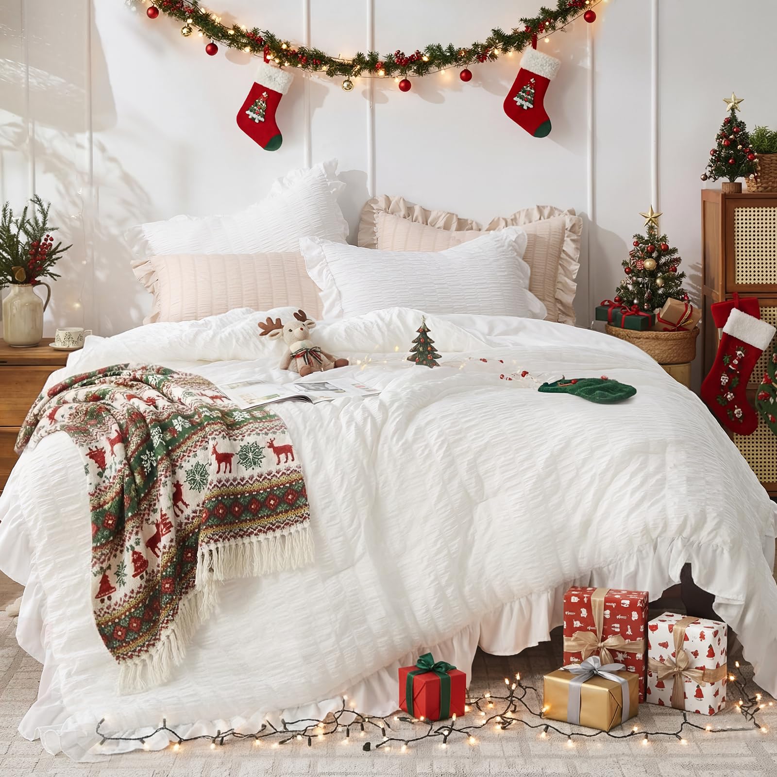 Photo 1 of ** VERY USED** JOLLYVOGUE Queen Comforter Set, White Seersucker 3 Pieces Comforters Queen Size, Lightweight & Fluffy Bedding Sets for All Season with 1 Ruffle Comforter and 2 Ruffle Pillowshams