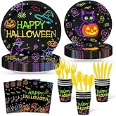 168pcs Halloween Plates and Napkins Neon Cat Pumpkin Tableware Disposable | Serve 24, Effortless Party Prep and Cleanup, Happy Halloween Party Supplies
