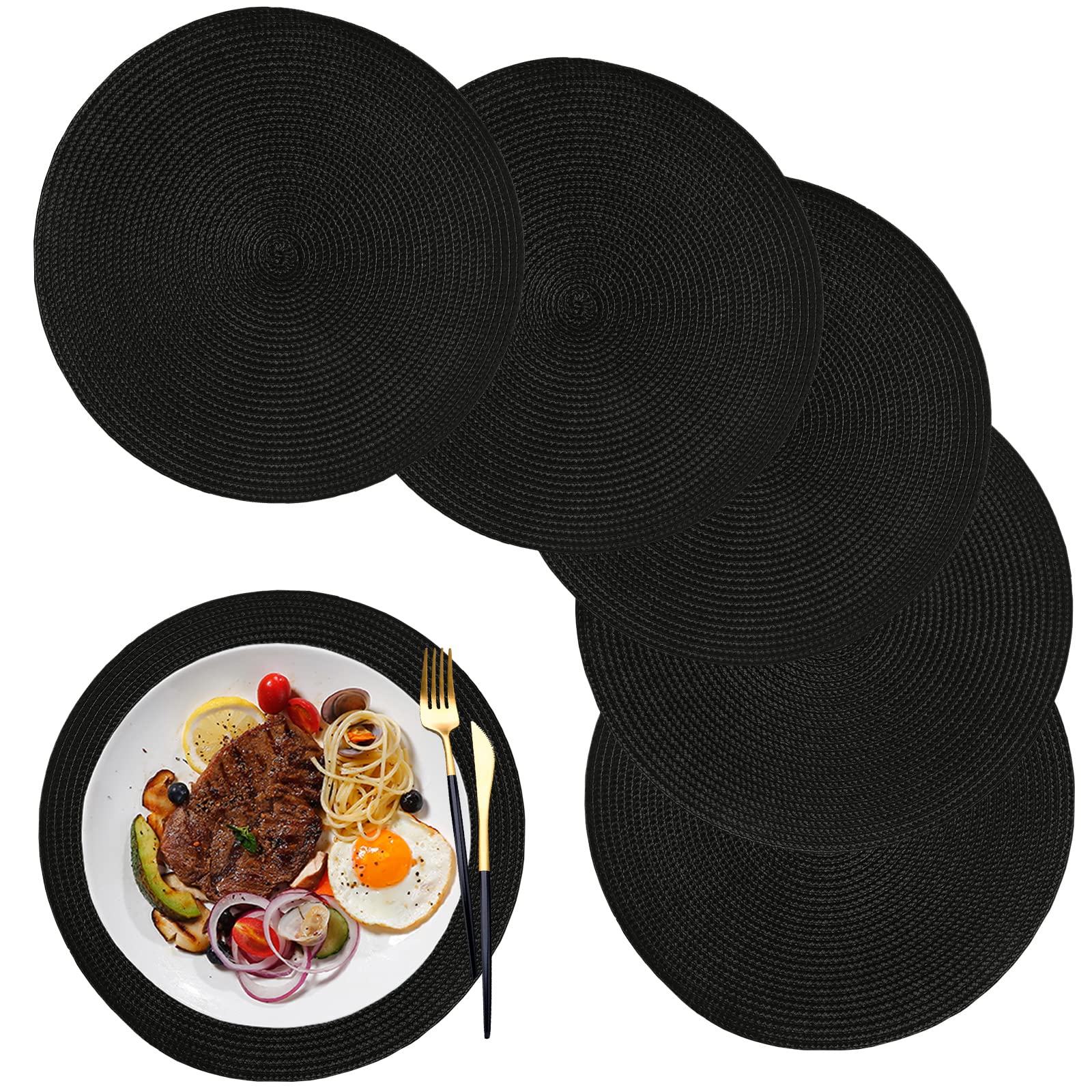 Photo 1 of WANYD Round Braided Placemats Set of 6, 12.6 Inch Small Circle Place Mats Washable Heat Resistant Table Mats Black