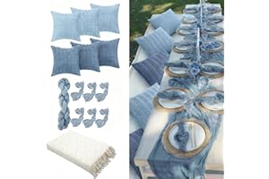 Beeveer 91 x 71 Extra Large Outdoor Boho Picnic Blanket with Blue Gray Table Runner, 6 Throw Pillow Covers 6 Napkins Woven Cotton Yarn Oversize Beach Blanket Washable Picnic Camp Wedding