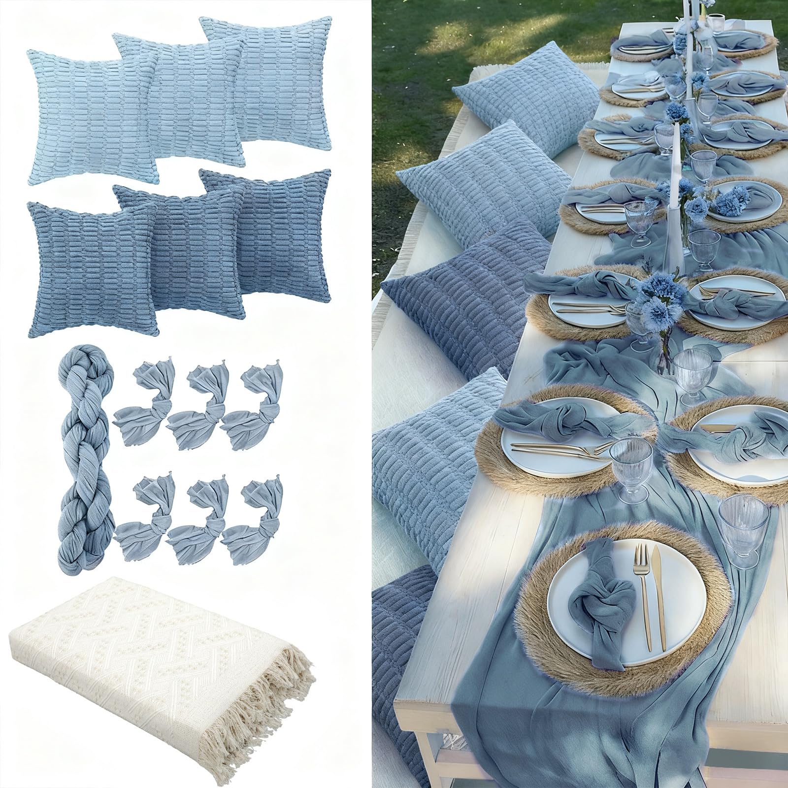 Photo 1 of Beeveer 91 x 71 Extra Large Outdoor Boho Picnic Blanket with Gray Blue Table Runner, 6 Throw Pillow Covers 6 Napkins Woven Cotton Yarn Oversize Beach Blanket Washable Picnic Camp Wedding