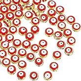 PATIKIL 8mm Evil Eye Beads, 60 Pcs Flat Round Turkish Evil Eye Charm with Golden Edge Spacer Beads Eyeball Bead for Bracelet DIY Necklace Earrings Making, Red