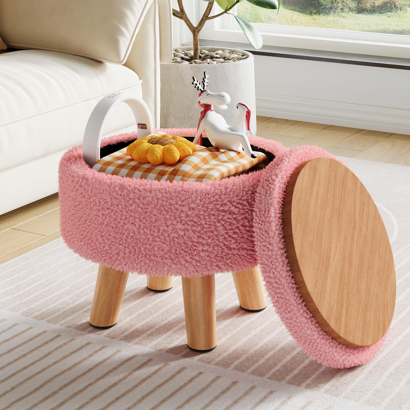 Photo 1 of Pink Storage Ottoman Foot Rest, Small Sherpa Ottoman with Storage, Cute Round Foot Stool, Modern Pouf Ottomans Coffee Table, Boucle Teddy Footstools for Couch, Living room, Nursery, Dorm, Enterway