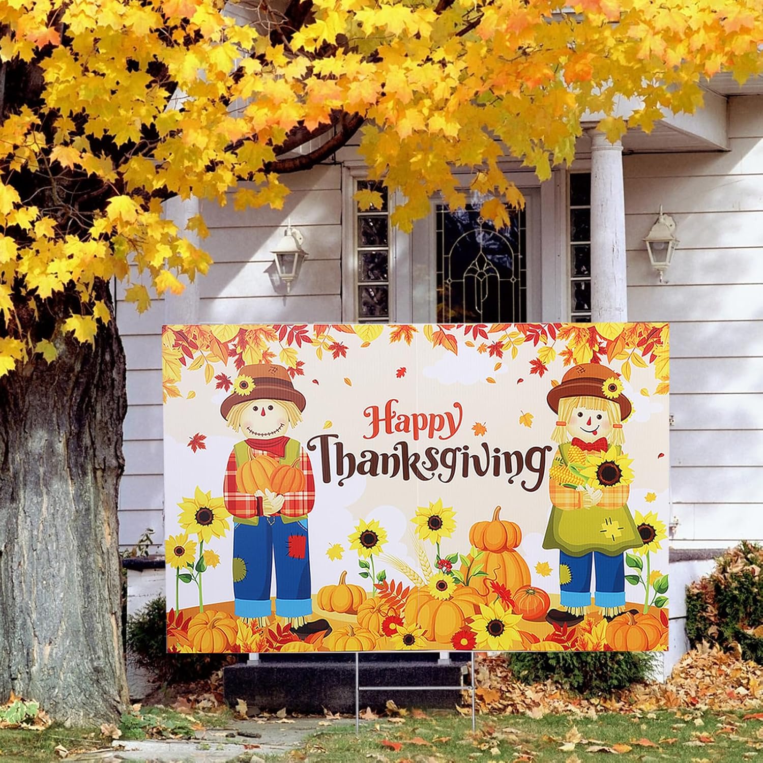 Yard Signs - Thanksgiving Outdoor Decoration Happy Thanksgiving Scarecrow Yard Sign with Stakes Fall Harvest Lawn Sign Scarecrow Decor for Autumn Holiday Garden Porch Yard Supplies, 25 x 16 Inch