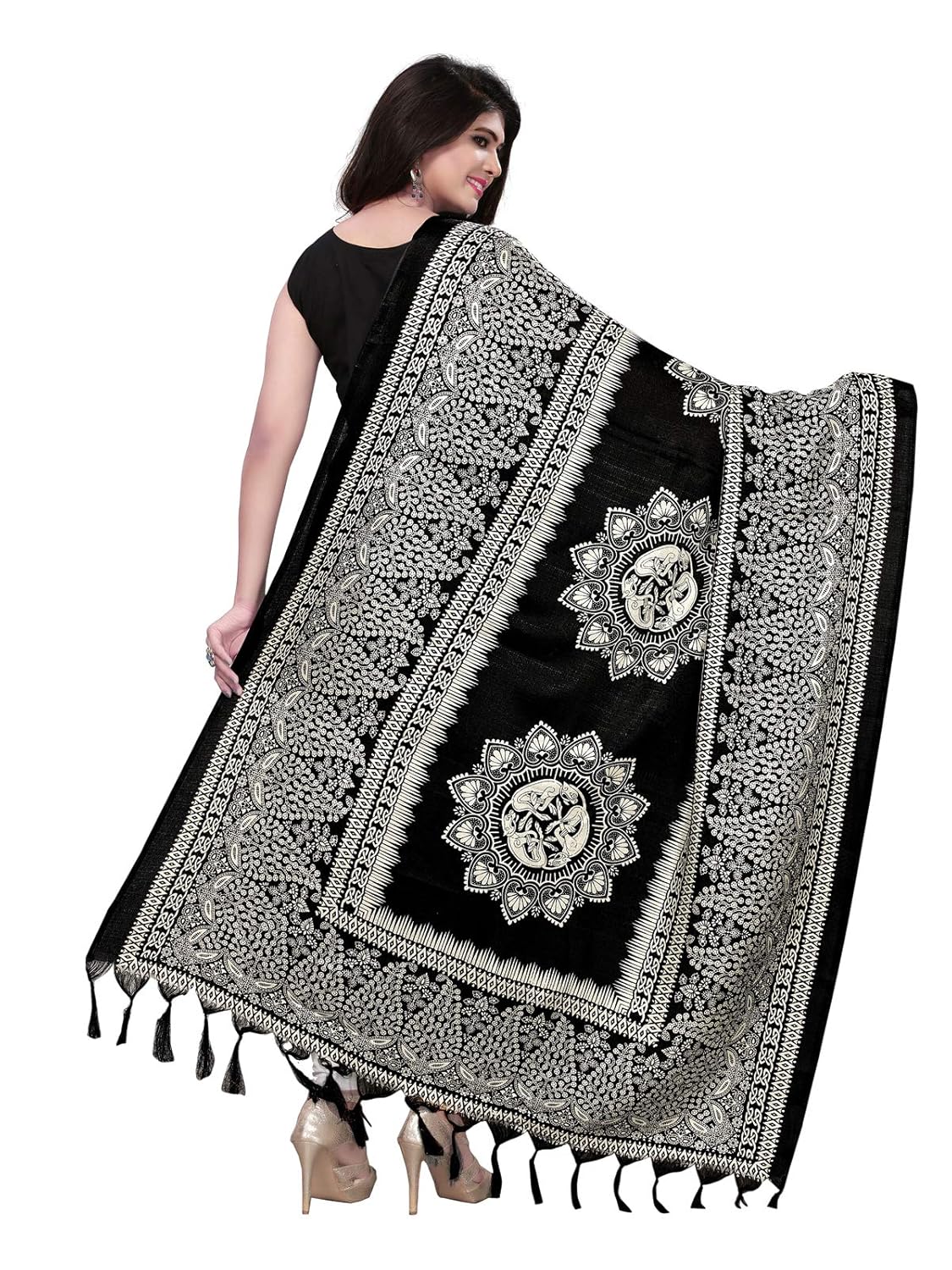 kanchnar women's black and white bhagalpuri printed dupatta