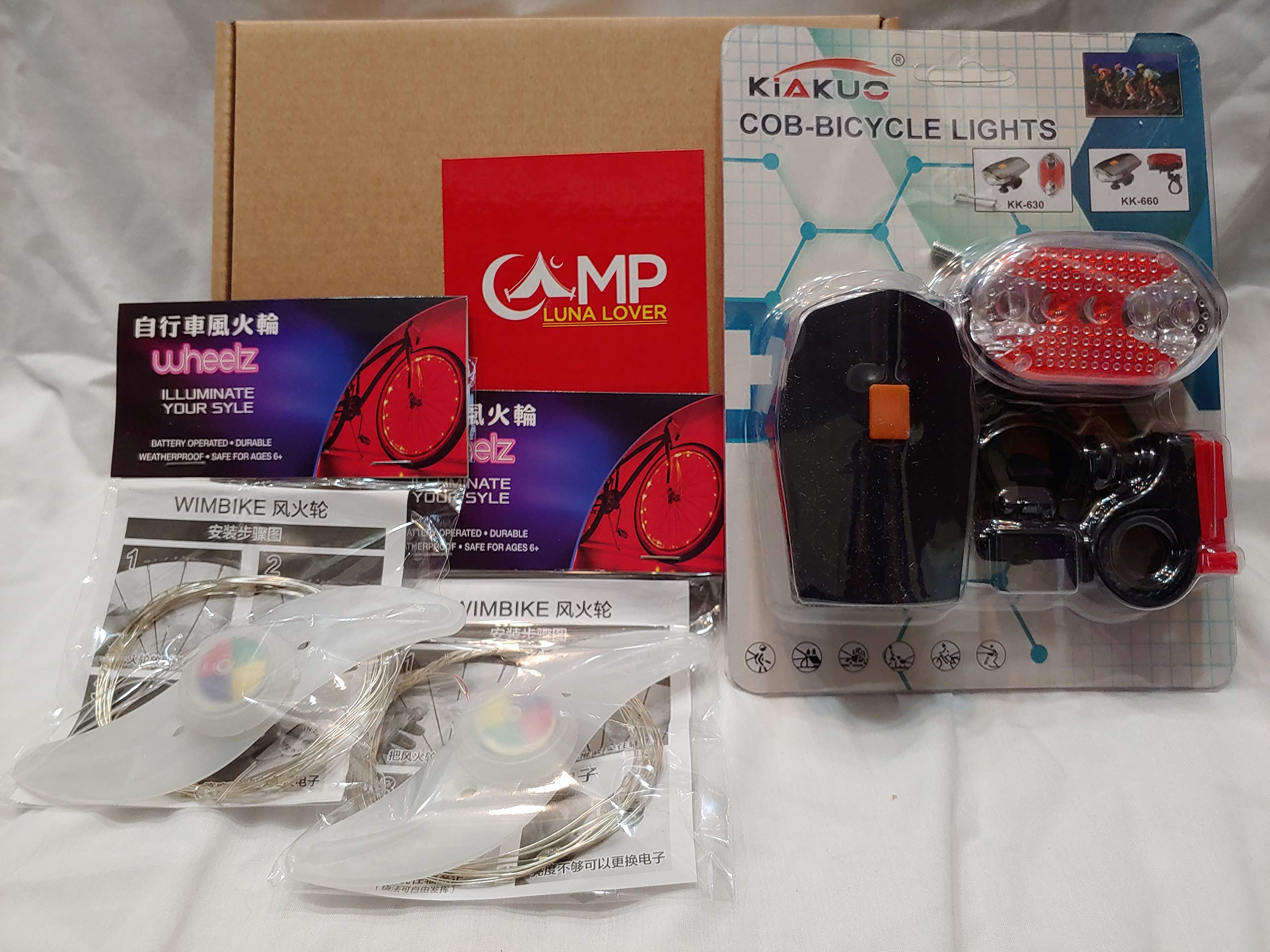Front, Back AND both Wheel lights AND FREE credit card folding knife from Camp Luna Lover (Red)