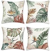 Bonhause Tropical Leaves Throw Pillow Covers 18 x 18 Inch Watercolor Leaf Bird Polyester Linen Decorative Pillow Cases for Couch Sofa Bed Home Garden Outdoor Decor Set of 4