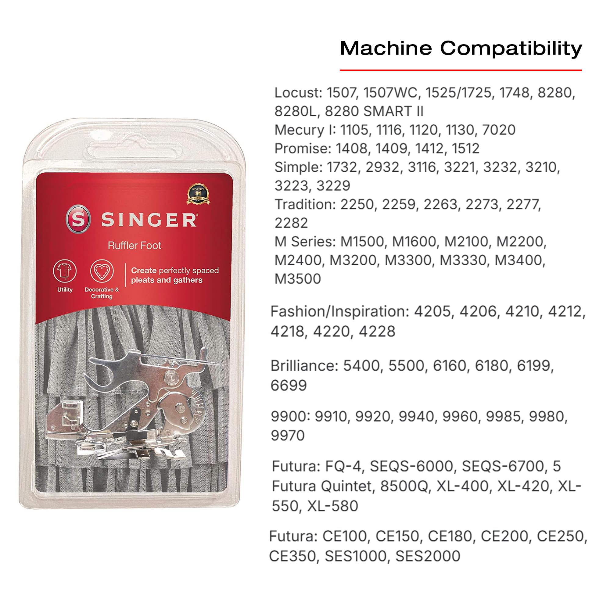Singer | Ruffler Attachment Presser Foot, Perfectly Spaced Pleats/Gathers, Easily Adjust Closeness & Depth, Light to Medium Fabrics - Sewing Made Easy, Silver