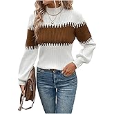 SweatyRocks Women's Lantern Sleeves Knitted Sweater Mock Neck Color Block Patchwork Casual Pullovers