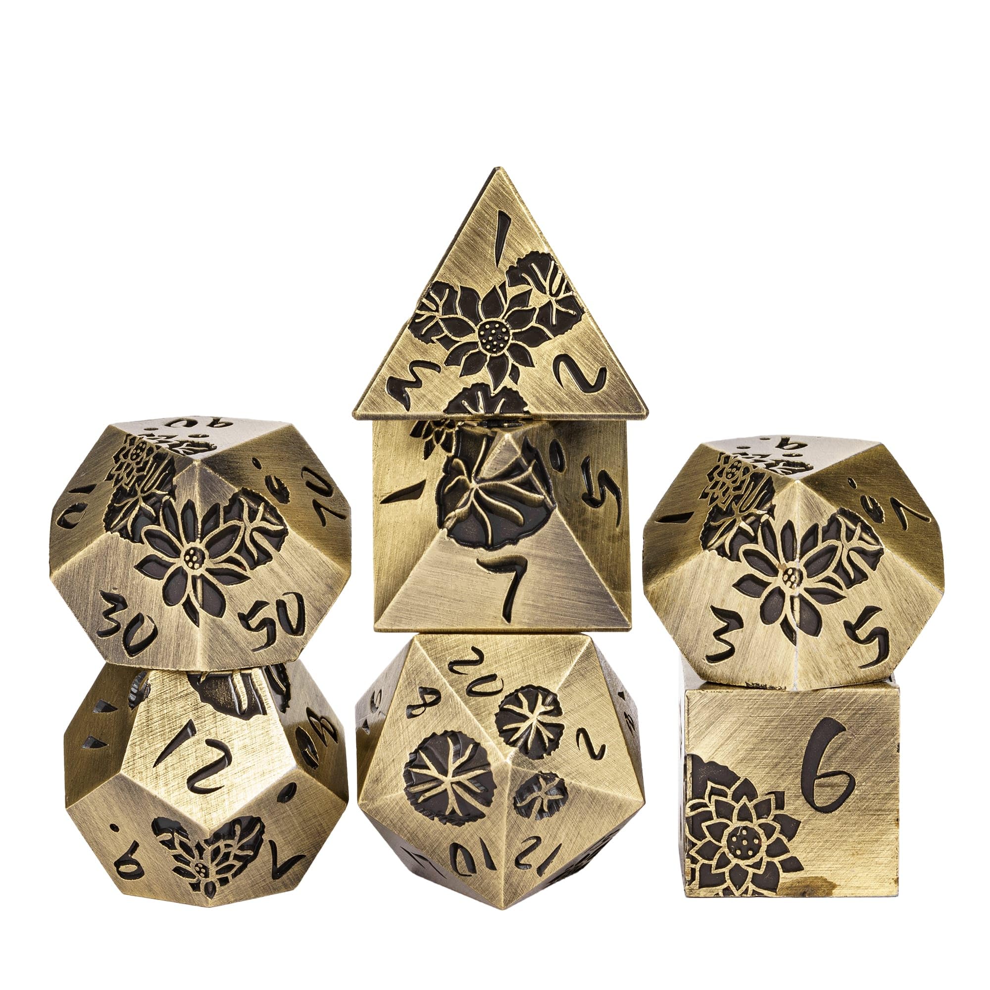 Cusdie 7-Die Lotus Metal DND Dice Set, D&D Metal Dice, Polyhedral Dice Set, for Role Playing Game Pathfinder(Ancient Bronze)