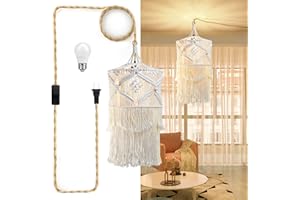 BESER·WIN Boho Plug in Pendant Light, 15FT Hanging Lights with Plug in Cord, Pendant Lights with Handmade Macrame Lamp Shade, Hemp Rope Cord and On/Off Switch, Hanging Lamp for Boho Bedroom Decor Living Room