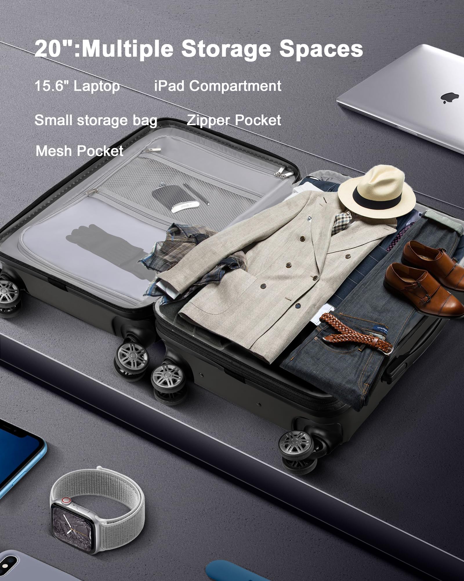 Carry On Luggage Airline Approved,Expandable PC Hard Shell Suitcase with wheels,Front Opening Suitcases
