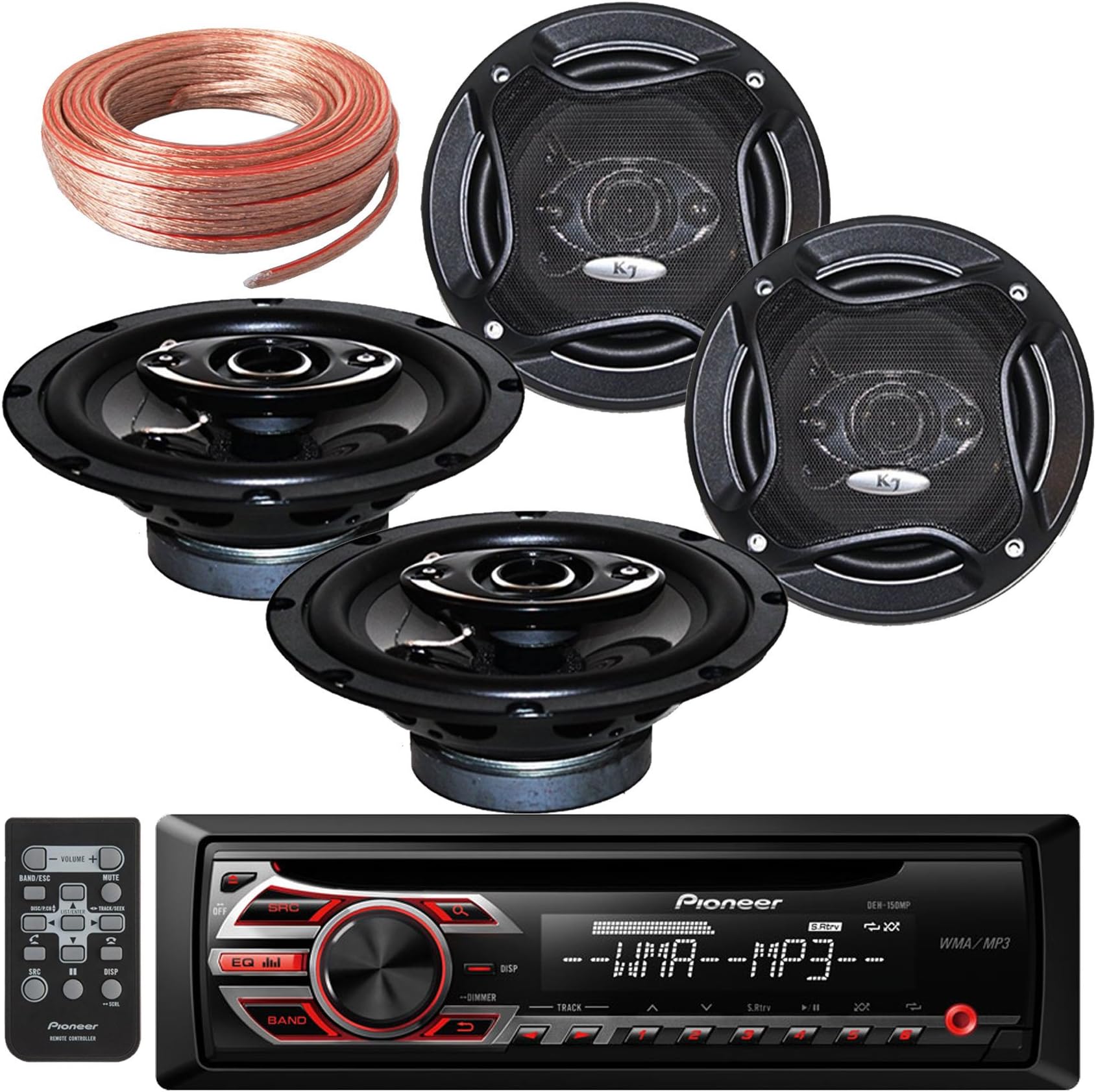 Package Bundle - Pioneer DEH-150MP Single DIN MP3 Car Stereo With 2 Pairs of K65.4 6.5-Inchs 6-1/2" 400W 4-Way / 4 Speakers + 100Ft Cable