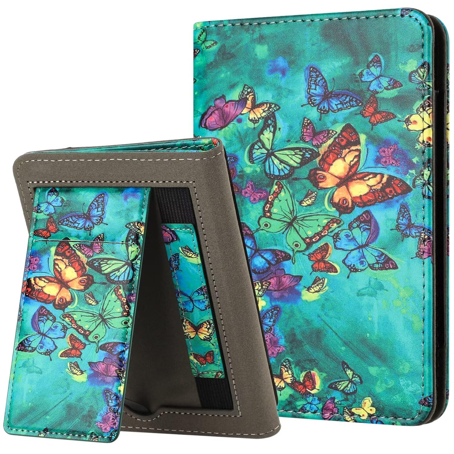 MOKASE for 6" Kindle Paperwhite 5/6/7th Generation Case 2012,2013,2015,2016 Version (Model: EY21 / DP75SDI), PU Leather Stand Hard Cover, Auto Wake/Sleep with Hand Strap & Card Slot, Green Butterflies