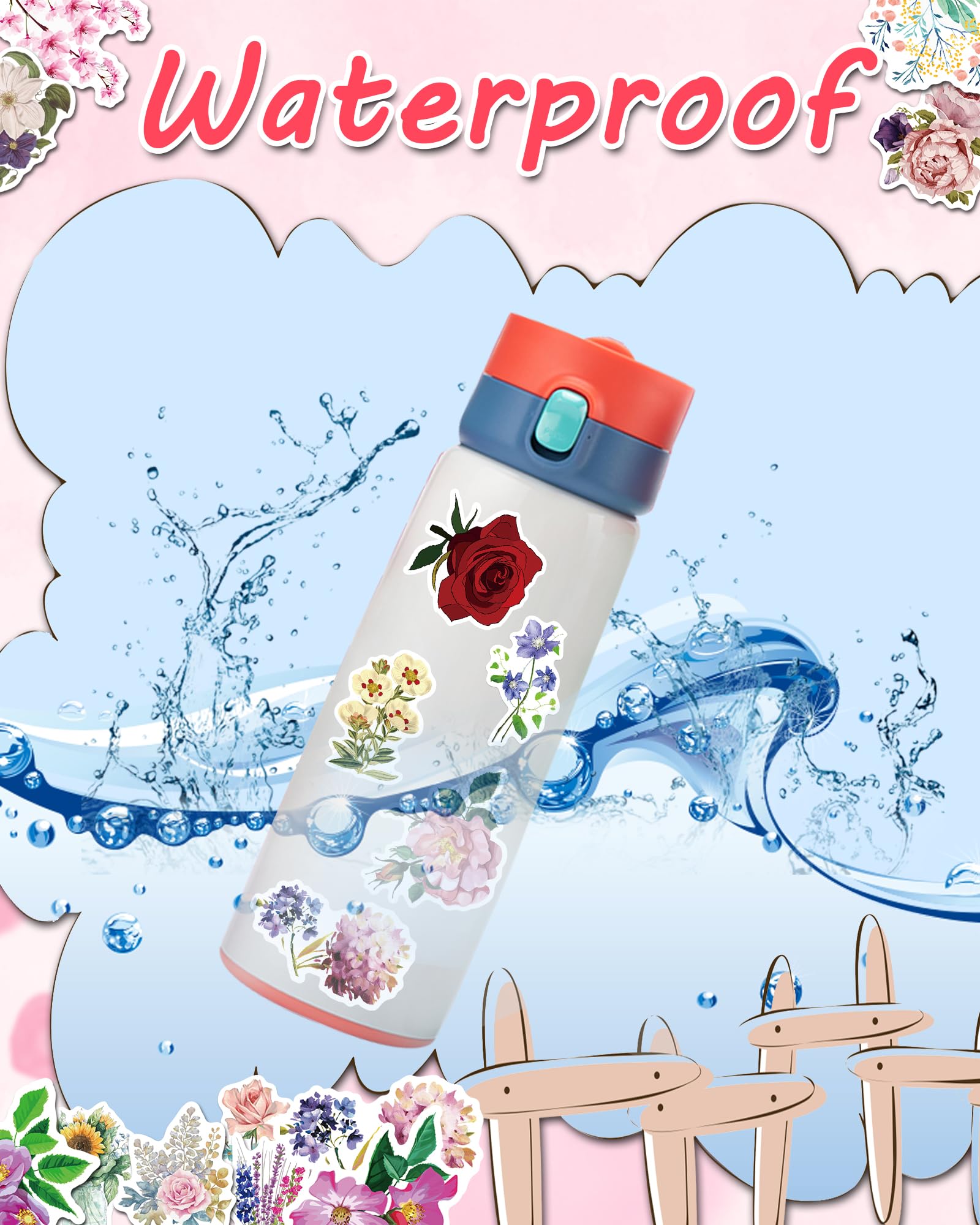 AOWDIAO 150 Pcs Flower Stickers Waterproof Floral Vinyl Stickers Decals for Water Bottles Laptop Scrapbooking Journaling
