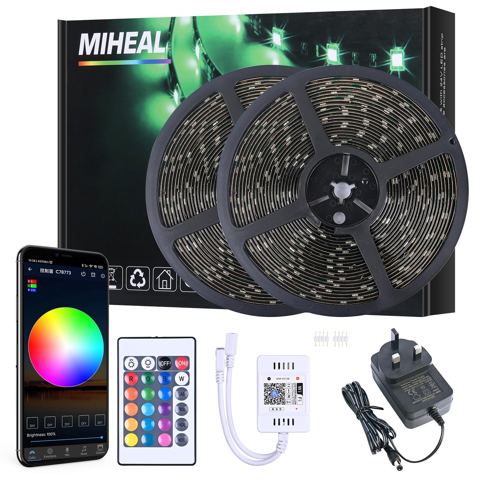 Ubanner 20M WiFi Wireless Smart Phone Controlled Led Strip Light Kit with CE Listed Power Supply Waterproof SMD 5050 300leds RGB Music LED Light Strip Work with Android, iOS and Alexa