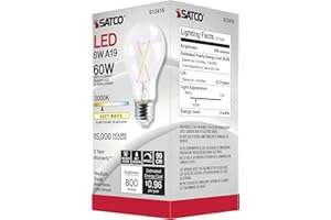 Satco S12415, 8 Watt, A19, Clear, Medium Base, 3000K, 90 CRI, 120 Volt LED Bulb