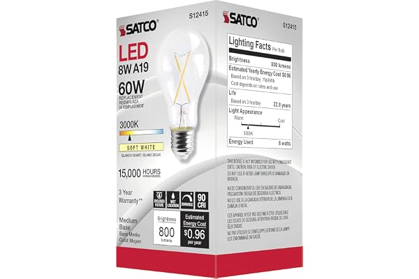 Satco S12415, 8 Watt, A19, Clear, Medium Base, 3000K, 90 CRI, 120 Volt LED Bulb
