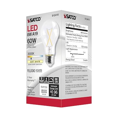 Satco S12415, 8 Watt, A19, Clear, Medium Base, 3000K, 90 CRI, 120 Volt LED Bulb