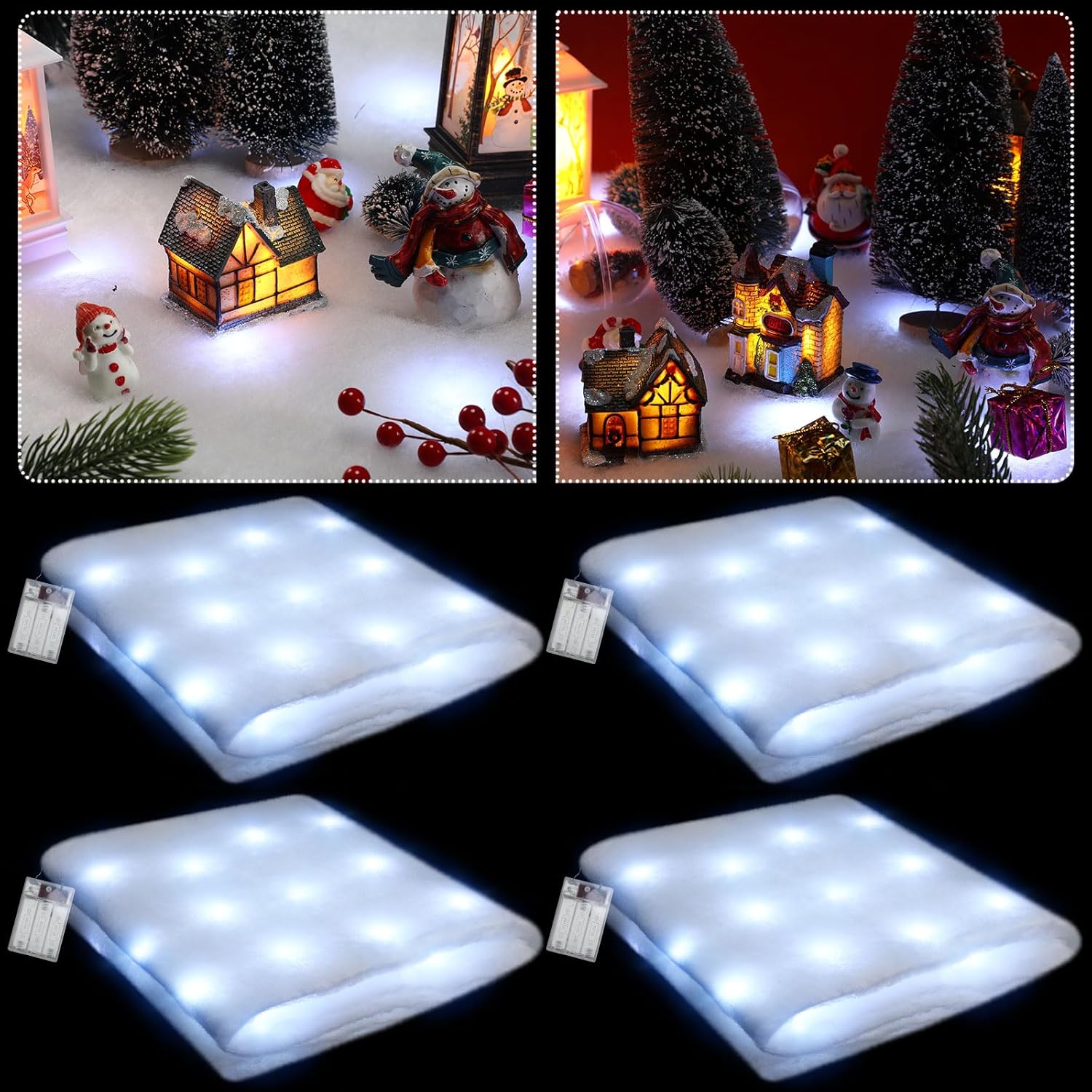 Artificial Snow - Kittmip 4 Pcs Christmas Snow Blanket with LED Lights Holiday Lighted Table Runner Christmas Village Accessories Illuminated Fake Snow Decoration for Village Display, 59 x 16 Inch (White Light)