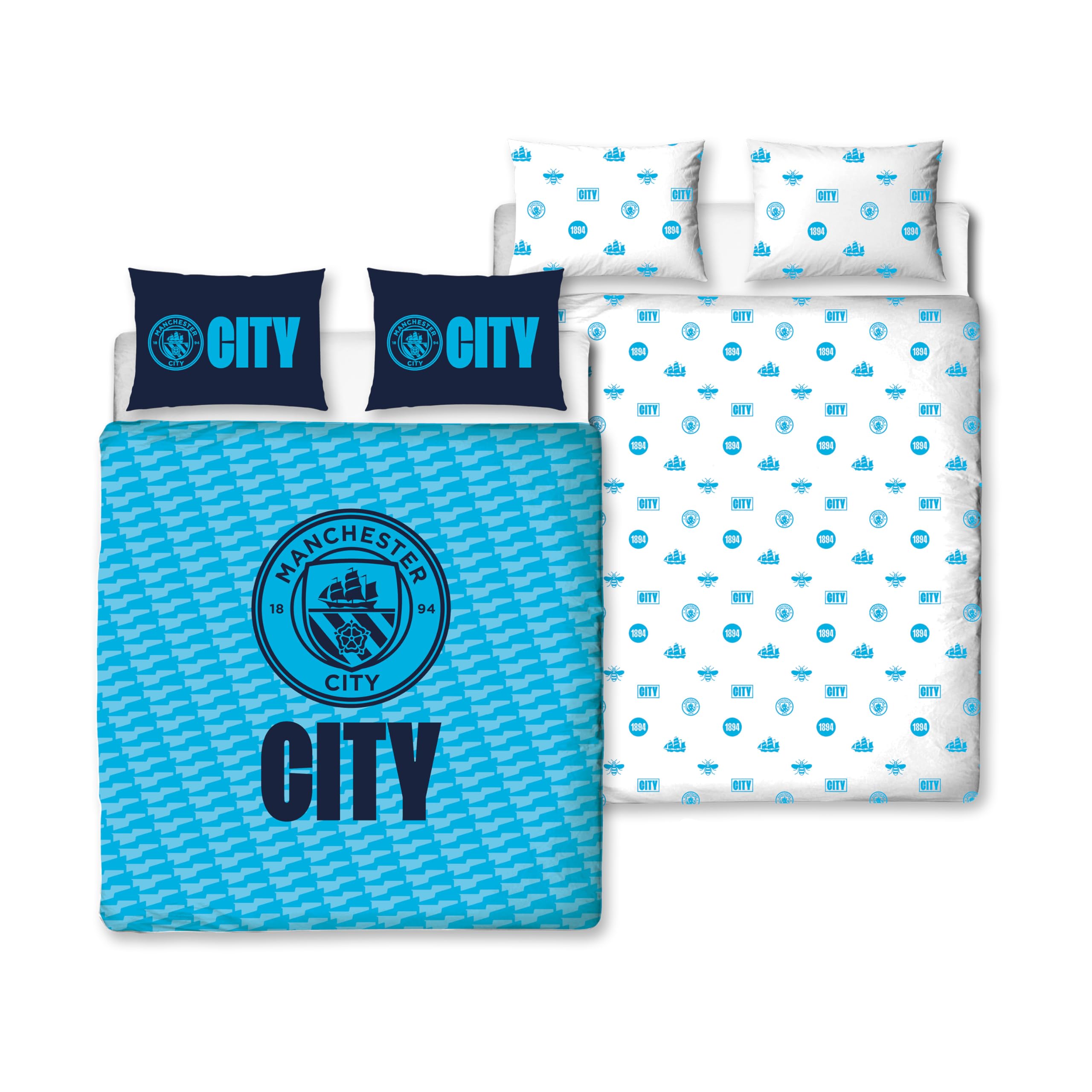 Manchester City FC Official Double Duvet Cover Set, Crestcol Design | Blue Reversible 2 Sided Football Bedding Cover Official Merchandise Including Matching Pillow Cases