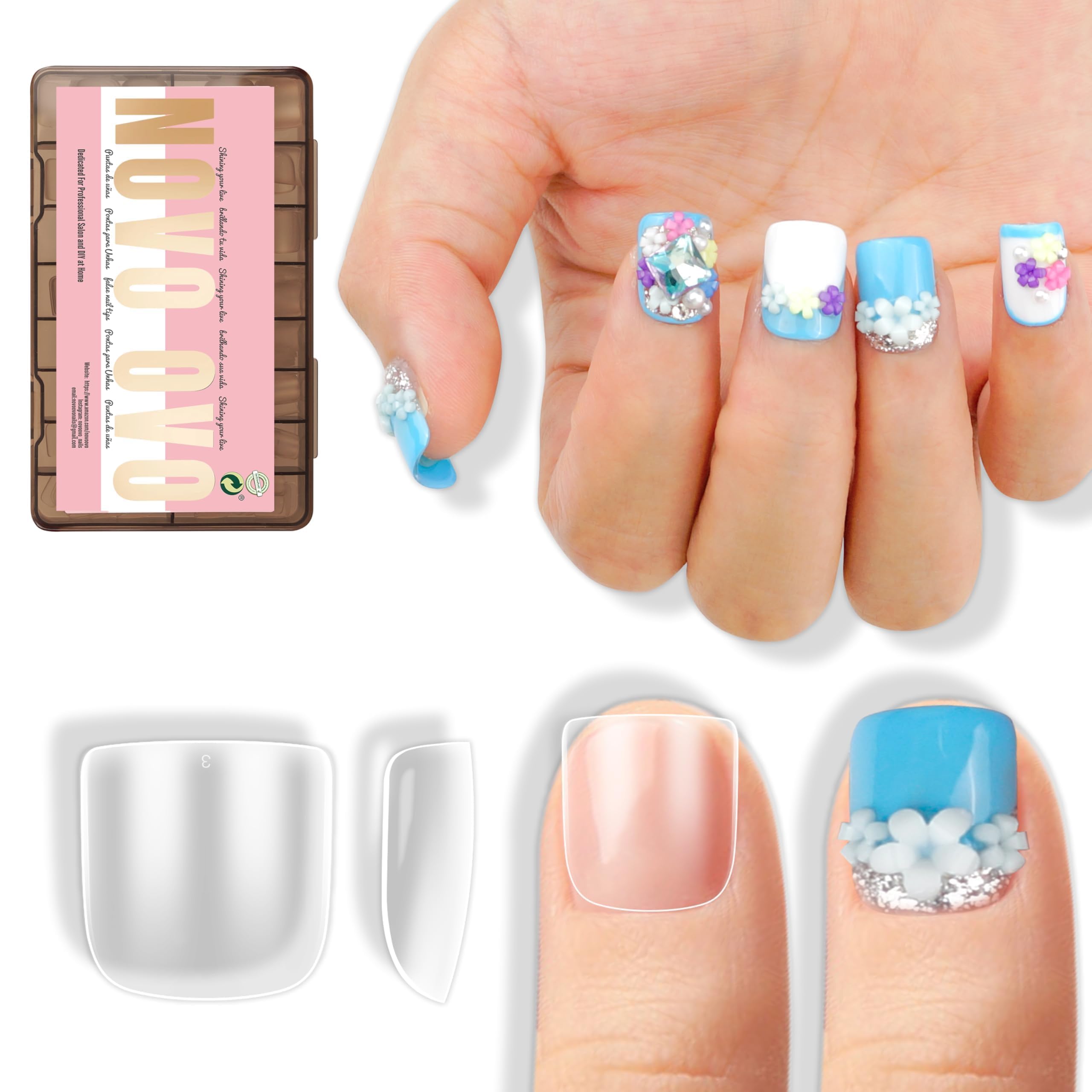 Photo 1 of NOVO OVO Extra Short XS XXS Square Round Nail Tips for Wide and Short Nail Beds, Thick Full Cover False Nails Press on for Men Women, Soft Gel for Acrylic Fake Nails Extension kit, 16 Sizes x 320pcs
