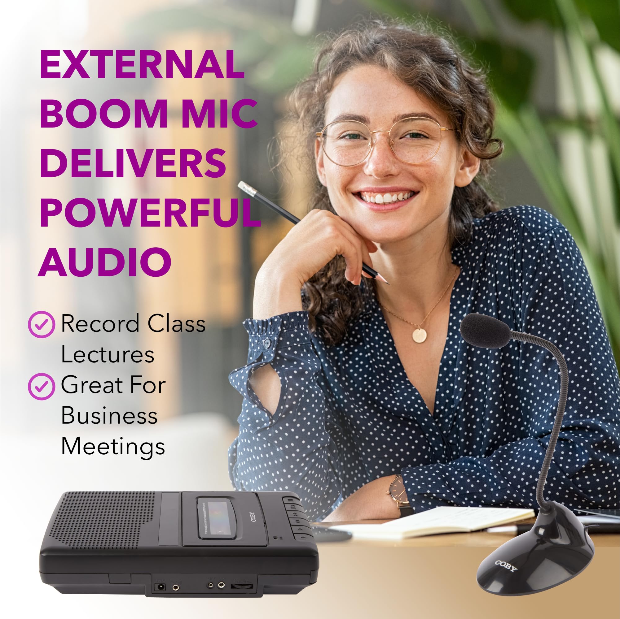 Coby Portable Cassette-Tape Player and One-Touch Recorder Bundle with External Boom Mic, One-Touch Recording, Auto-Stop Feature, and Built-in Handle, Retro Battery-Operated Design, 2 Items Total