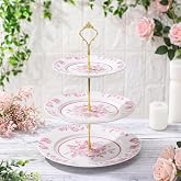 Lallisa Pink and White Chinoiserie 3 Tier Ceramic Dessert Stand Tray | 10" 9" 7" Vintage Floral Plates, Afternoon Tea Serving Tray, Elegant Display for Wedding Baby Shower Party