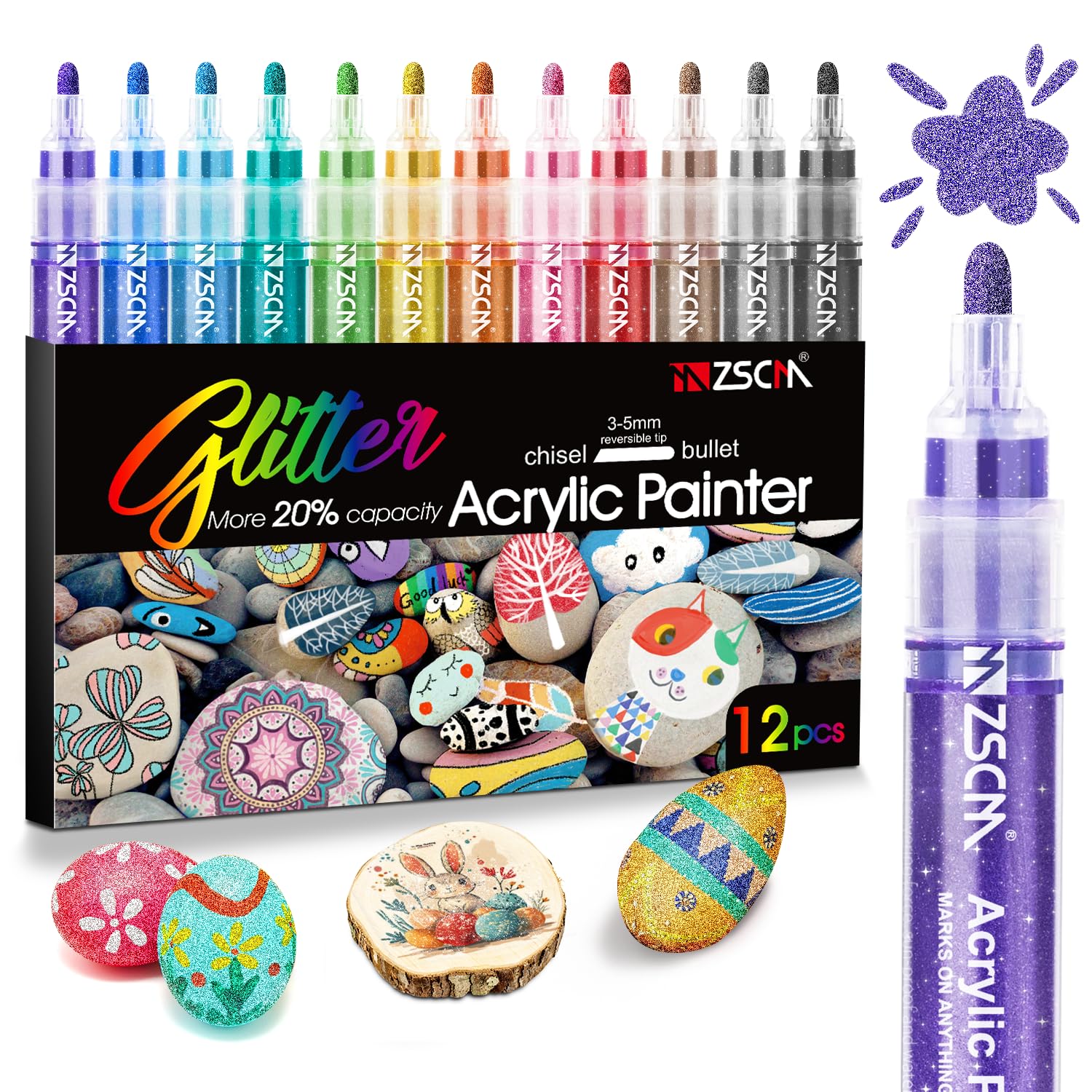 ZSCM 12 Colors Acrylic Glitter Markers Pen, Medium Tip Metallic