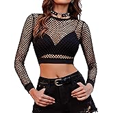 Avidlove Fishnet Top Women Mesh Long Sleeve Crop Top See Through Shirt Sheer Rave Top XS-XXL