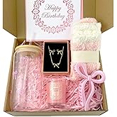 Bestanhoye Birthday Gifts for Women,Teen Girls, Her, Happy Birthday Unique Trendy Stuff Gift Box Basket for Mom, Sister, Daughter, Friends, Wife, Cute Coquette Pink Bow Glass Cup Gifts Set 7 Pcs