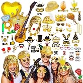Bulk Gold Party Photo Booth Props Set for Adult, Funny Golden Photo Booth Glasses Hats Wig Props, Fun Party Pack Photo Booth Props Kit for New Year Party, Graduation, Birthday, Wedding, Bachelorette