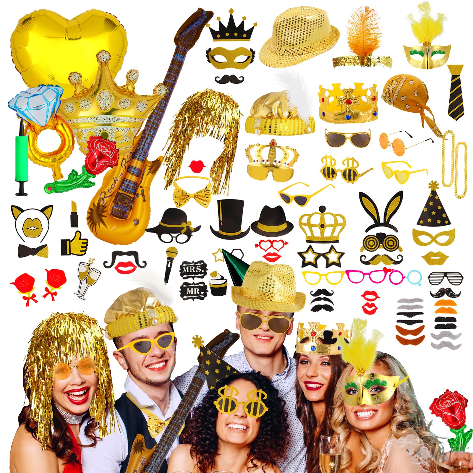 Photo 1 of Bulk Gold Party Photo Booth Props Set for Adult, Funny Golden Photo Booth Glasses Hats Wig Props, Fun Party Pack Photo Booth Props Kit for Graduation, Birthday, Wedding, Bachelorette All Occasion