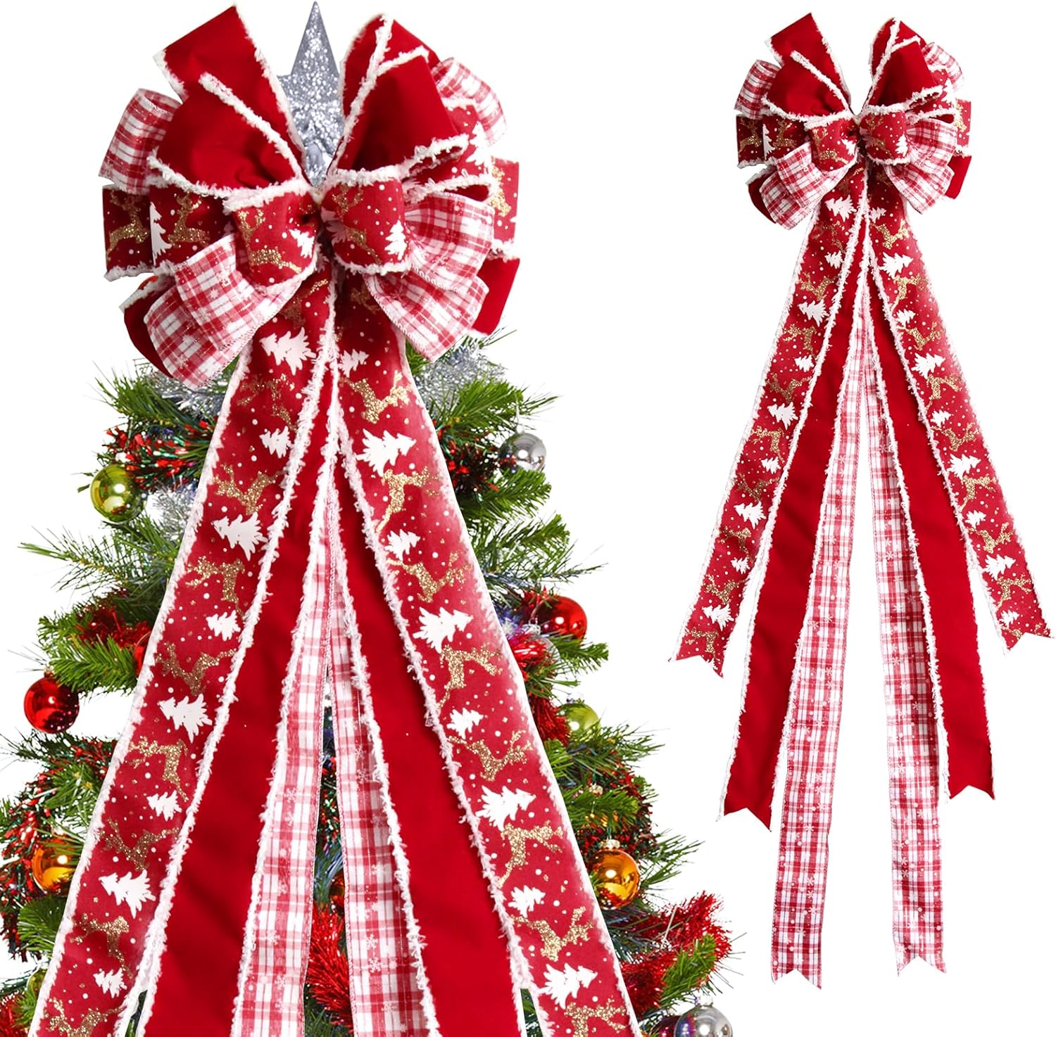 Tree Toppers - Christmas Tree Topper Bow with Long Streamers, 45x12 Inches Pre-Tied Buffalo Plaid Christmas Decoration, Reindeer Pattern Red White Wired Edge Tree Topper Bow, Rustic Farmhouse Xmas Decorations