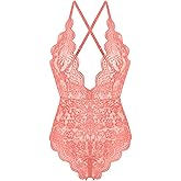 Donnalla Women's One Piece Teddy Plunging Lace Bodysuit Elegant Honeymoon Lingerie