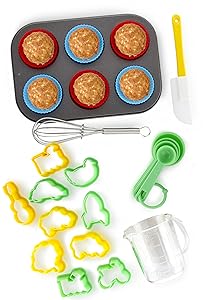 Boxiki Kitchen 24-Piece Kids Baking Set Muffin Pan, 6 Silicone Cupcake Liners, 10 Cookie Cutters, Spatula, Egg Whisk, Mini Measuring Cup and 4 Measuring Spoons