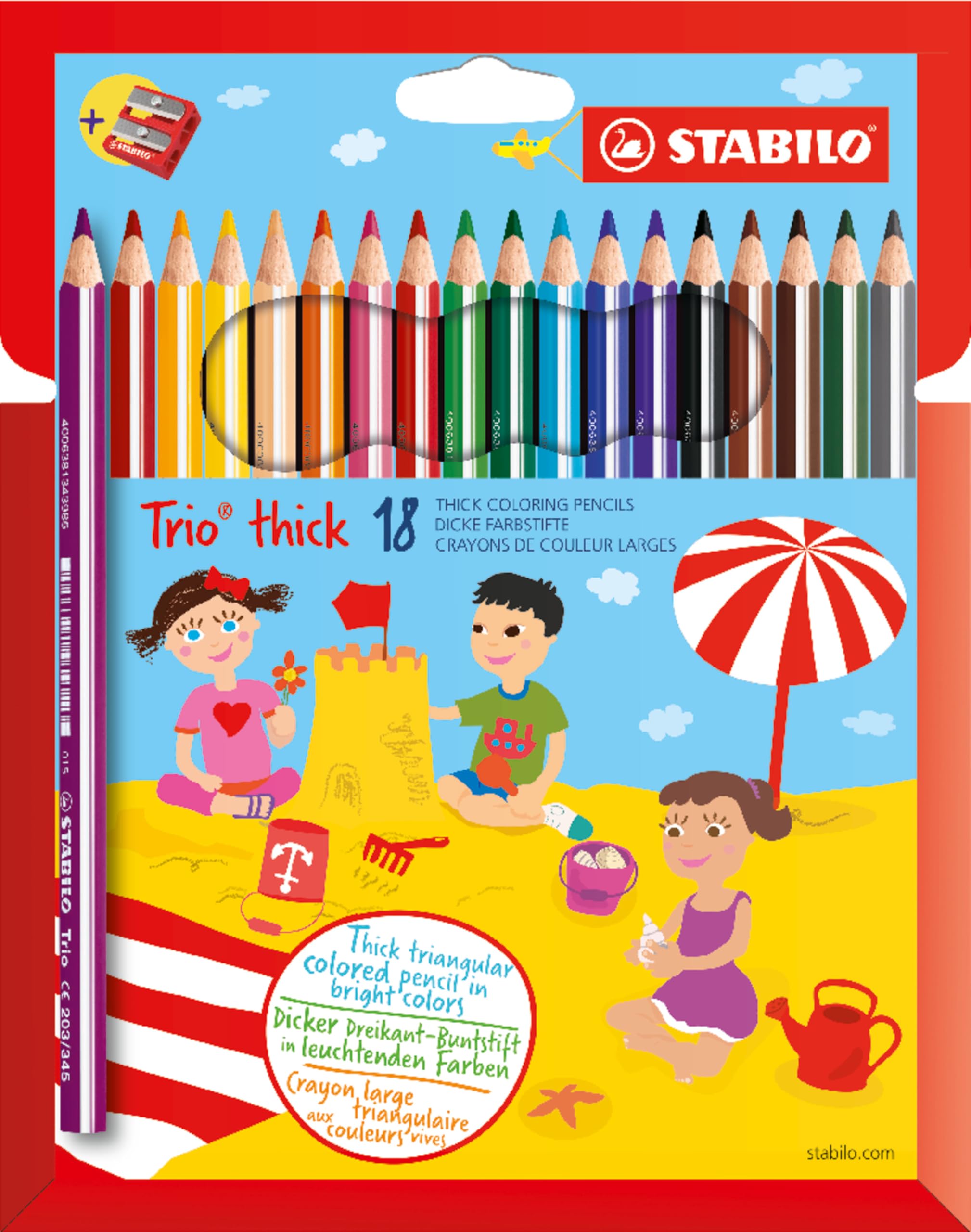 STABILO Colouring Pencil Trio thick - Assorted colours - Pack of 18 with Sharpener