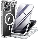 Miracase Magnetic for iPhone 15 Pro Max Case 6.7'' [Compatible with Magsafe] Full-Body Drop Proof Phone Case for iPhone 15 Pro Max with Built-in 9H Tempered Glass Screen Protector,Clear Glitter