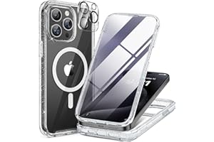 Miracase Magnetic for iPhone 15 Pro Case [Compatible with MagSafe] Full-Body Phone case with Built-in Glass Screen Protector& Camera Protector, Military Drop Proof 15 Pro Cover 6.1 inch, Clear Glitter